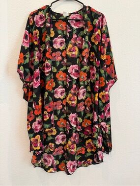 INTERI Floral V-Neck Blouse in Black with Pink & Orange Blooms